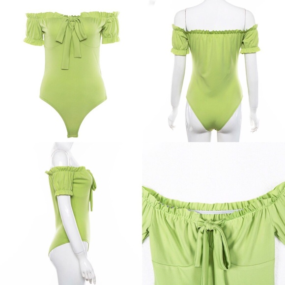 Neon Green Lime ruffle Off The Shoulder Bodysuit - Picture 6 of 8